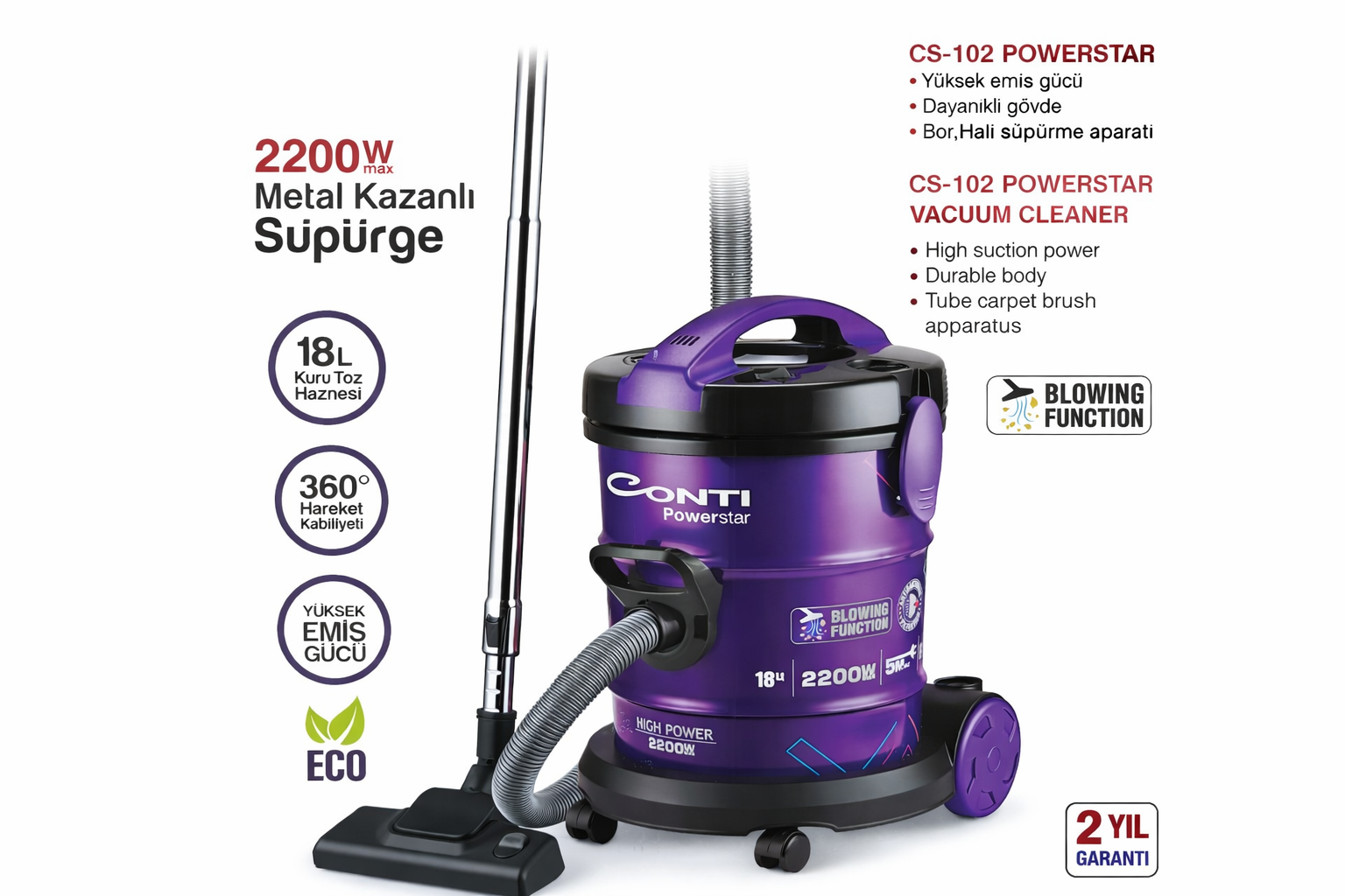 Conti Powerstar CS-102 2200W Metal Kazanlı Elektrikli Süpürge